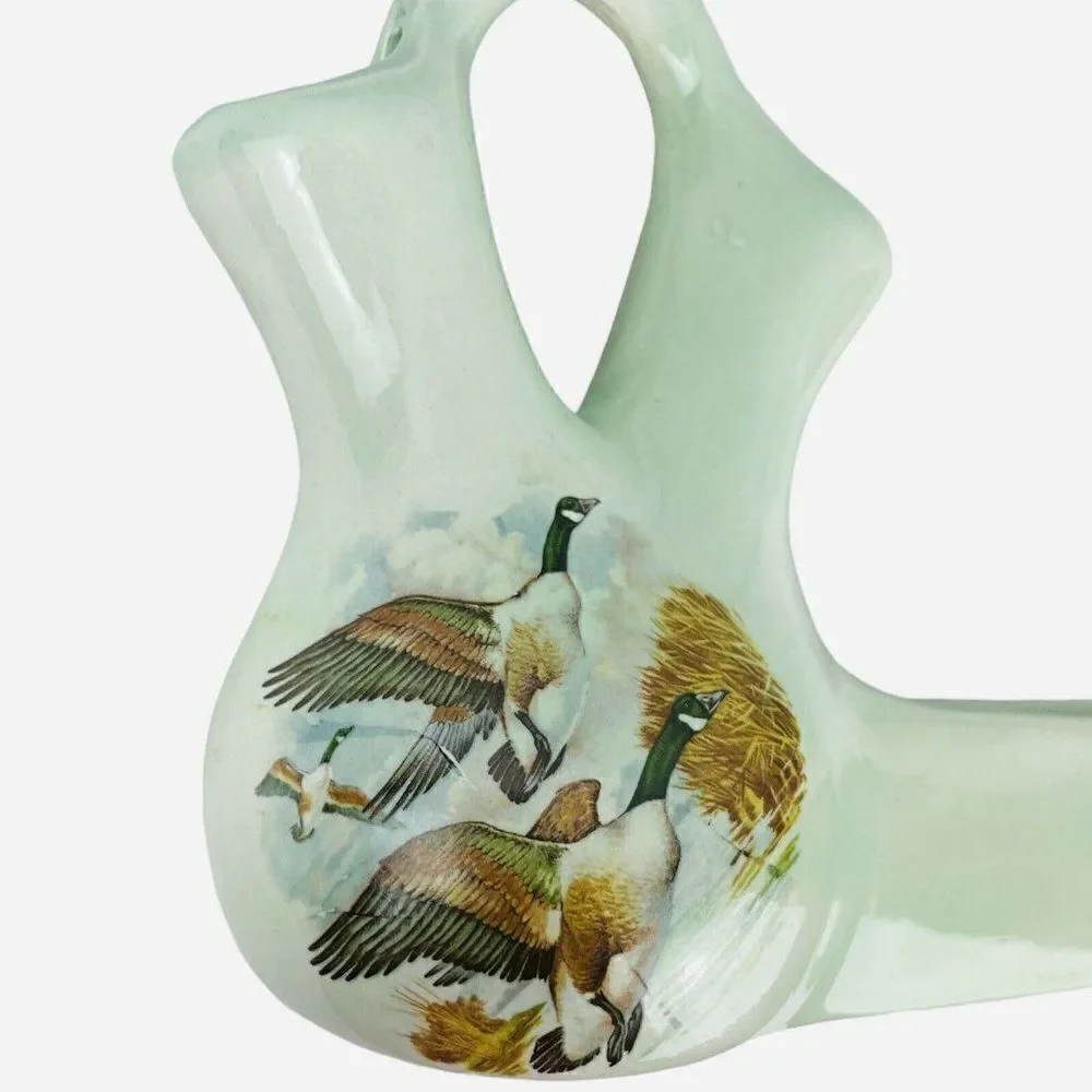 RARE VTG Green Double Opening Spout Bud Vase Planter Geese Mallard Duck Signed